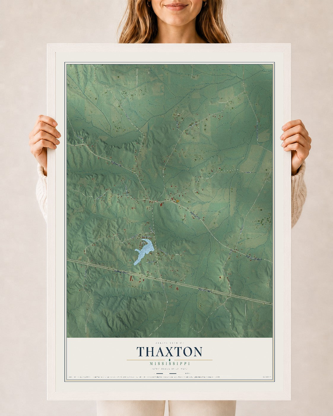 Map of Thaxton, Mississippi, 24 x 36 inch print in a white wood frame