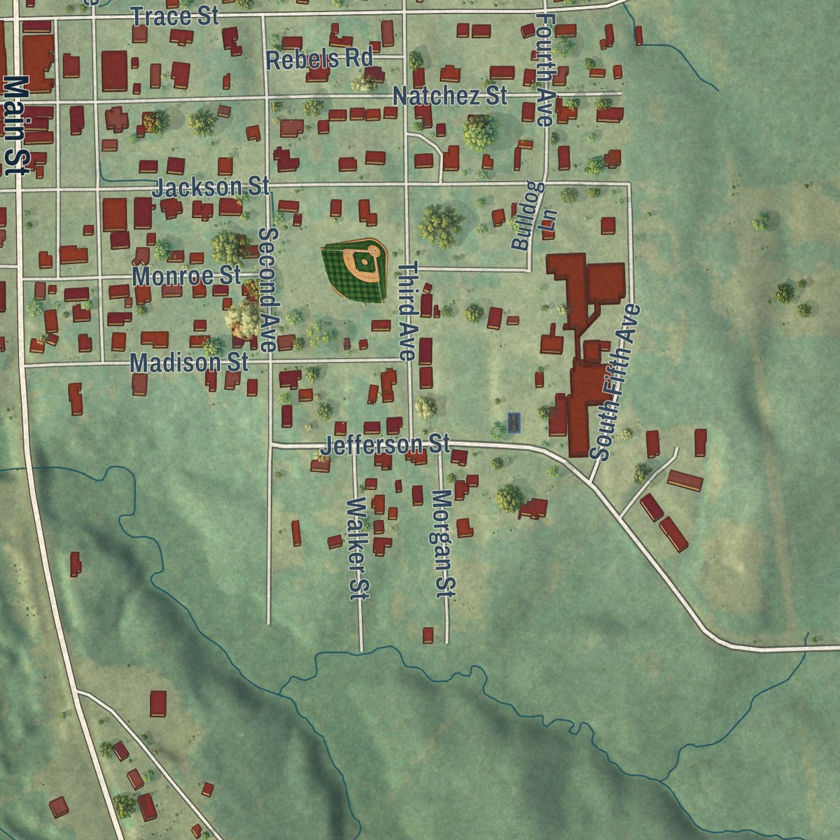 Close-up of the map of Tishomingo, Mississippi print showing street and building detail