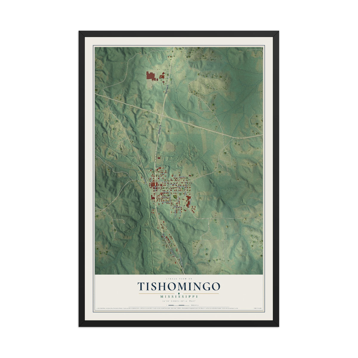 Map of Tishomingo, Mississippi, 12 x 18 inch print in a black wood frame
