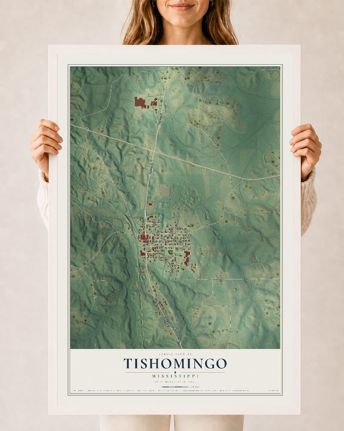 Map of Tishomingo, Mississippi, 24 x 36 inch print in a white wood frame