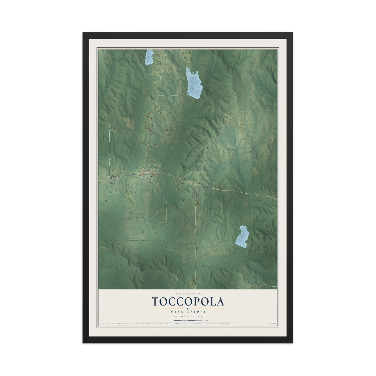 Map of Toccopola, Mississippi, 12 x 18 inch print in a black wood frame