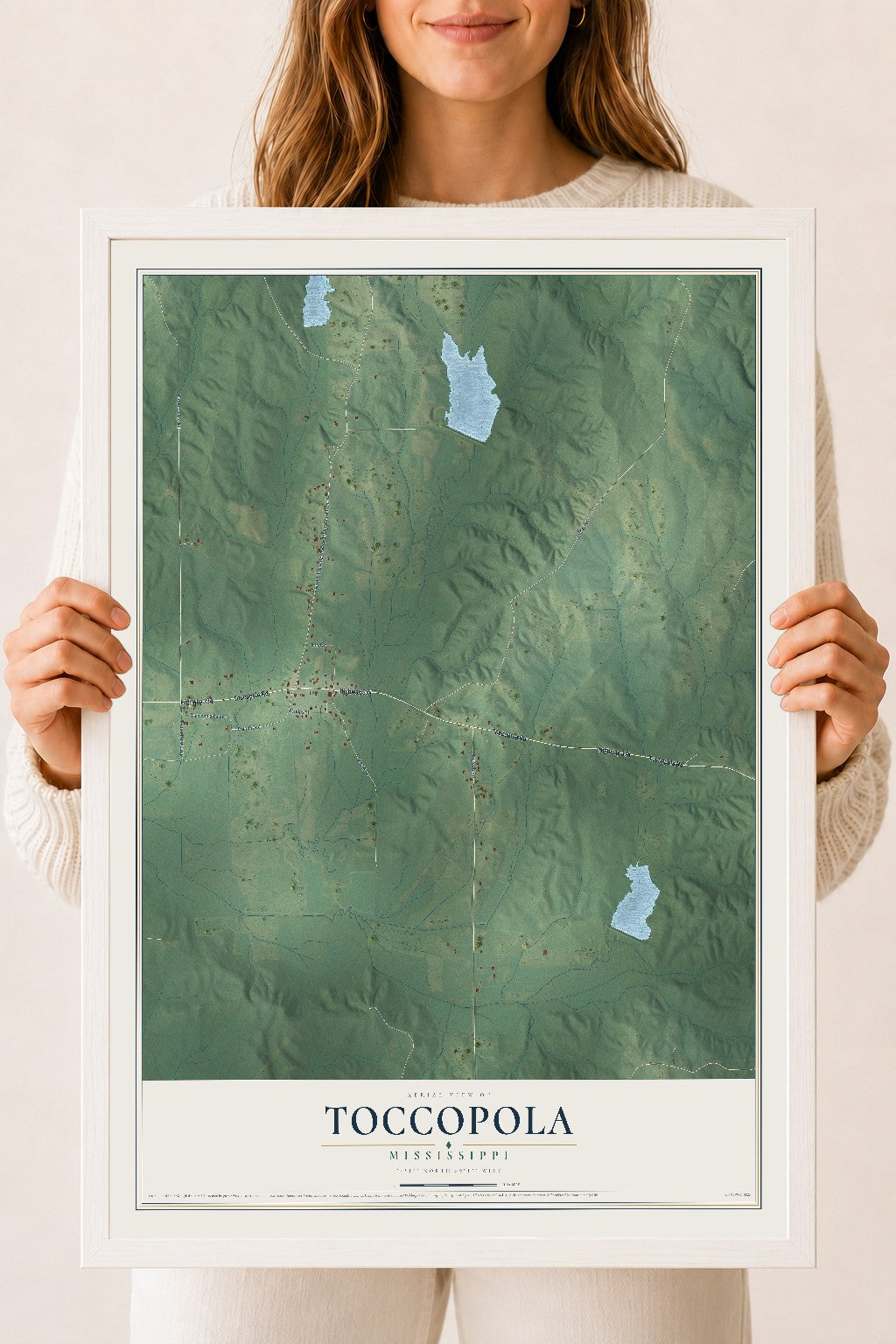 Map of Toccopola, Mississippi, 18 x 24 inch print in a white wood frame