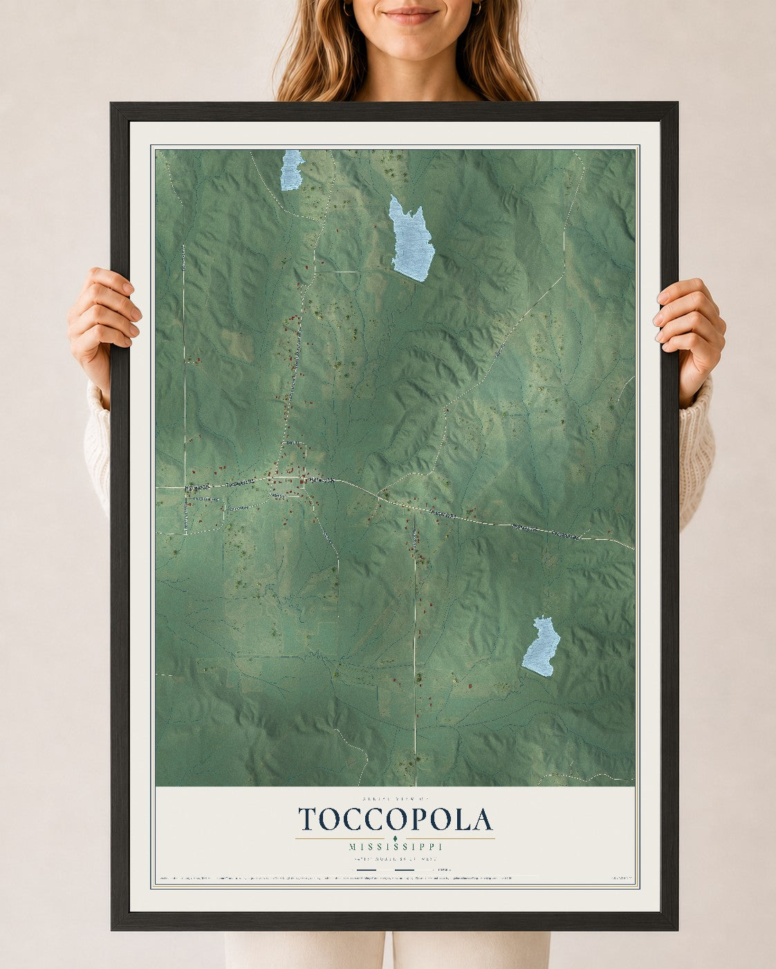 Map of Toccopola, Mississippi, 24 x 36 inch print in a black wood frame