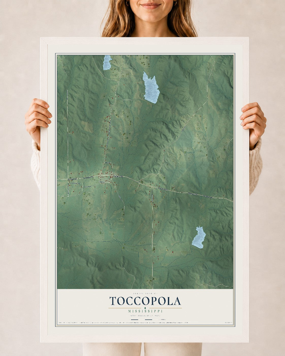 Map of Toccopola, Mississippi, 24 x 36 inch print in a white wood frame
