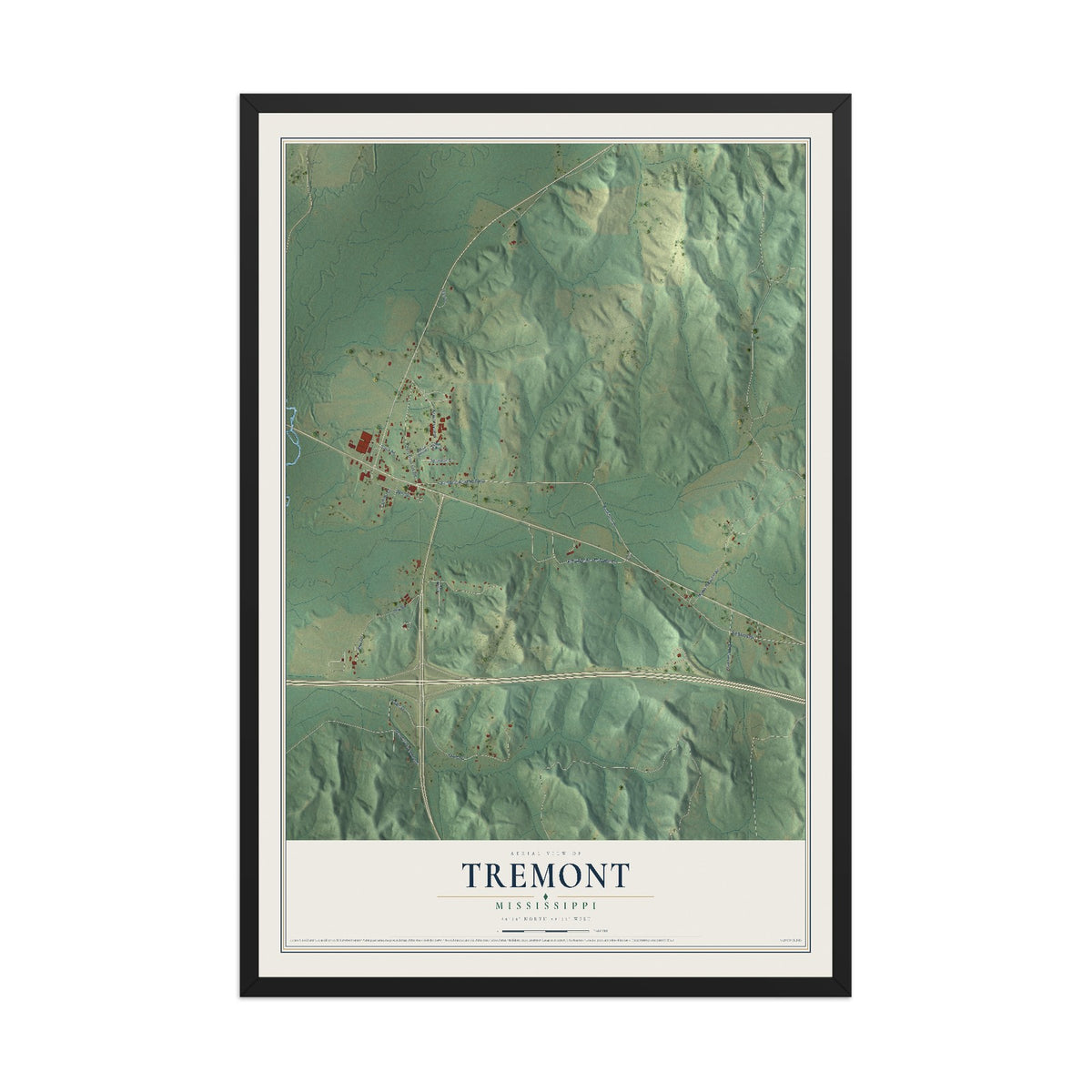 Map of Tremont, Mississippi, 12 x 18 inch print in a black wood frame