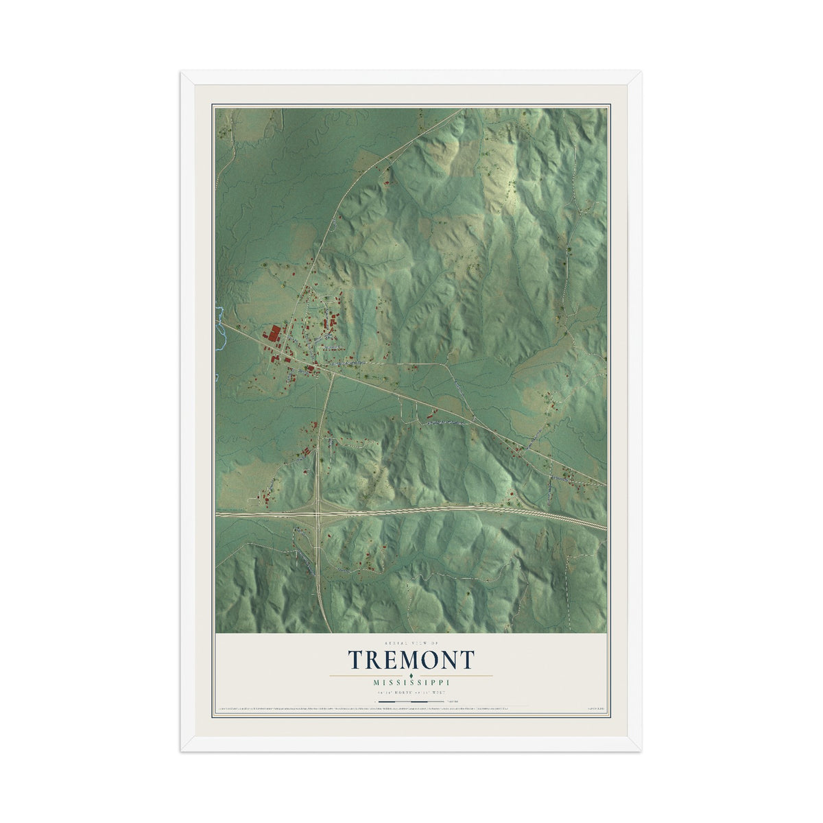 Map of Tremont, Mississippi, 12 x 18 inch print in a white wood frame