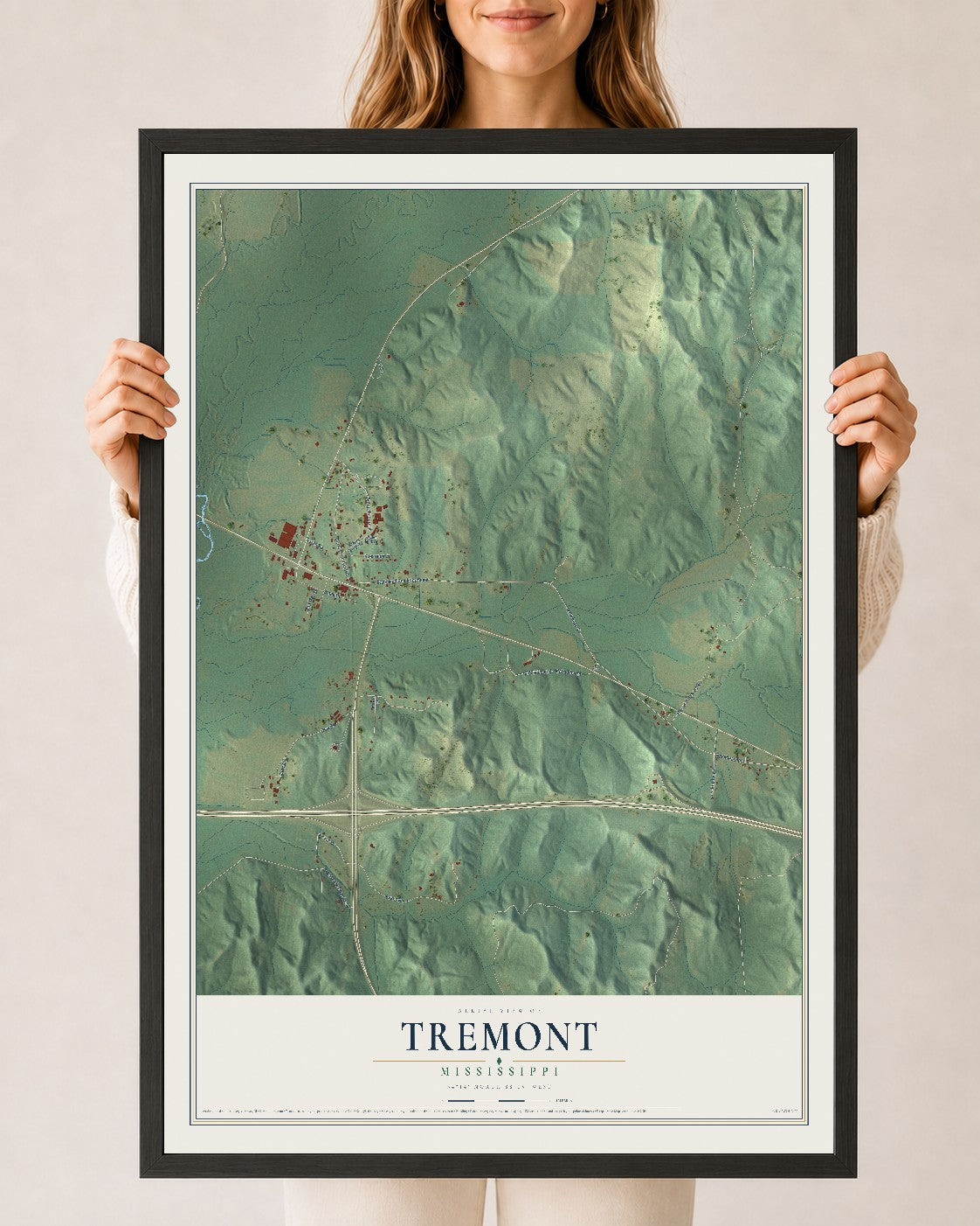 Map of Tremont, Mississippi, 24 x 36 inch print in a black wood frame