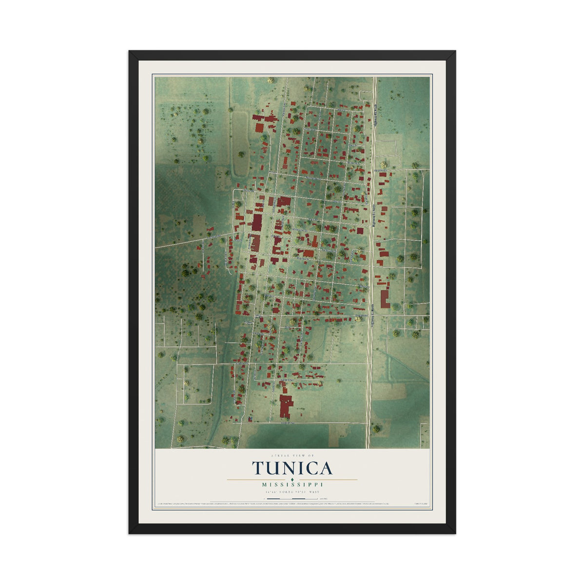 Map of Tunica, Mississippi, 12 x 18 inch print in a black wood frame