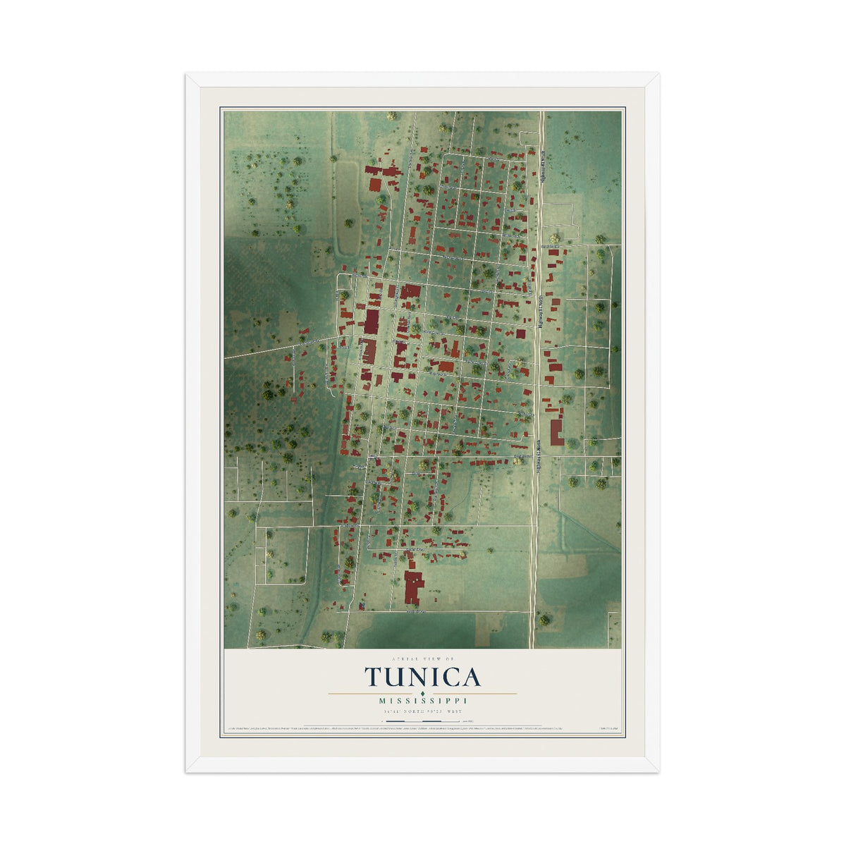 Map of Tunica, Mississippi, 12 x 18 inch print in a white wood frame