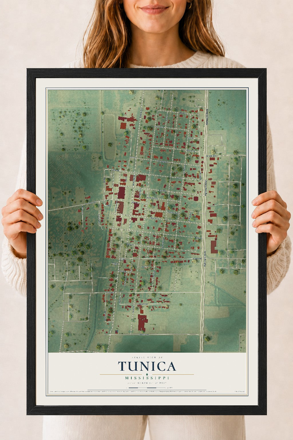 Map of Tunica, Mississippi, 18 x 24 inch print in a black wood frame