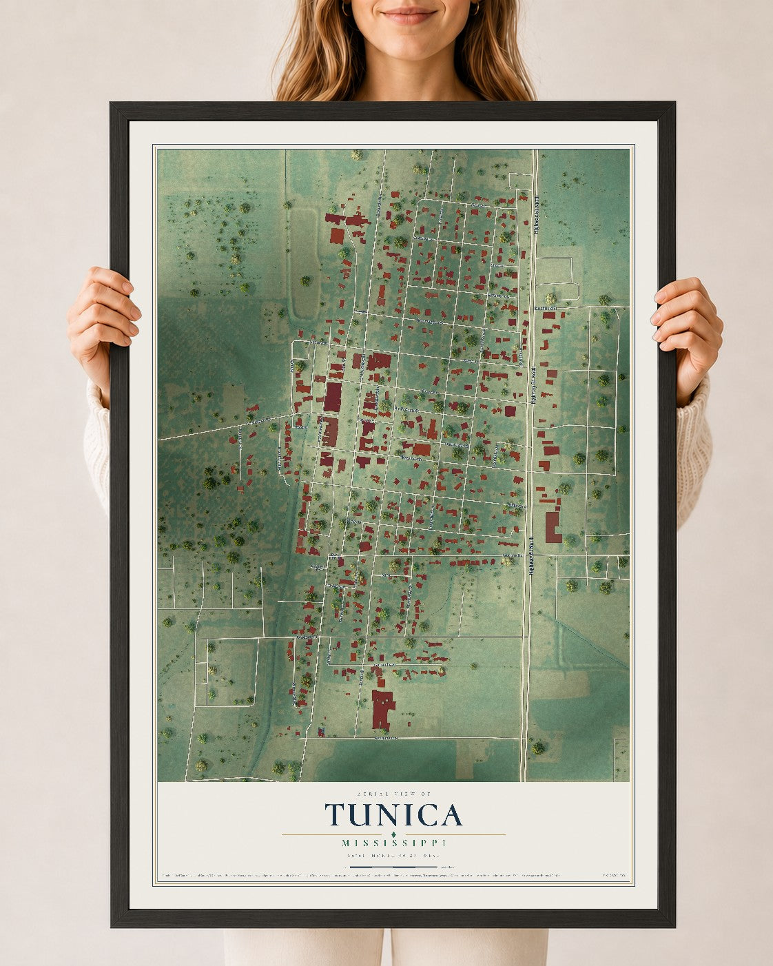 Map of Tunica, Mississippi, 24 x 36 inch print in a black wood frame
