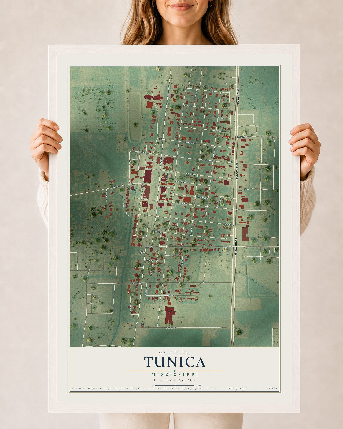 Map of Tunica, Mississippi, 24 x 36 inch print in a white wood frame