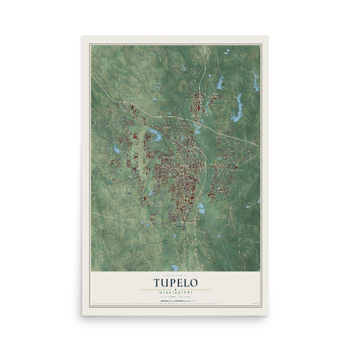 Map of Tupelo, Mississippi, 12 x 18 inch unframed archival matte print