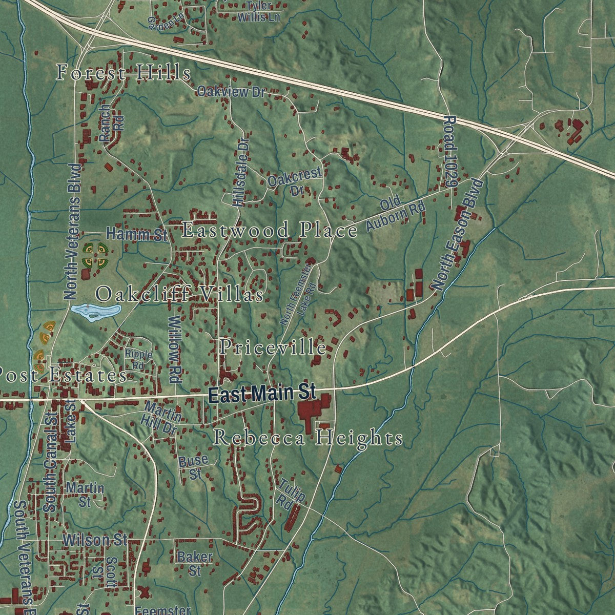 Second close-up of the map of Tupelo, Mississippi print showing more streets and buildings
