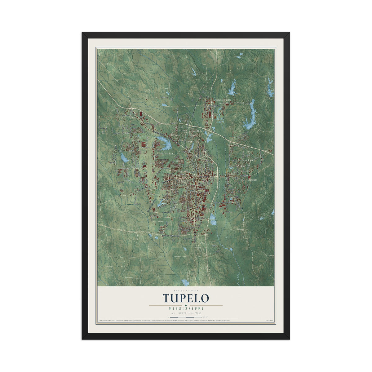 Map of Tupelo, Mississippi, 12 x 18 inch print in a black wood frame