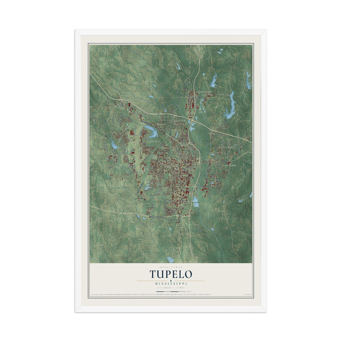 Map of Tupelo, Mississippi, 12 x 18 inch print in a white wood frame