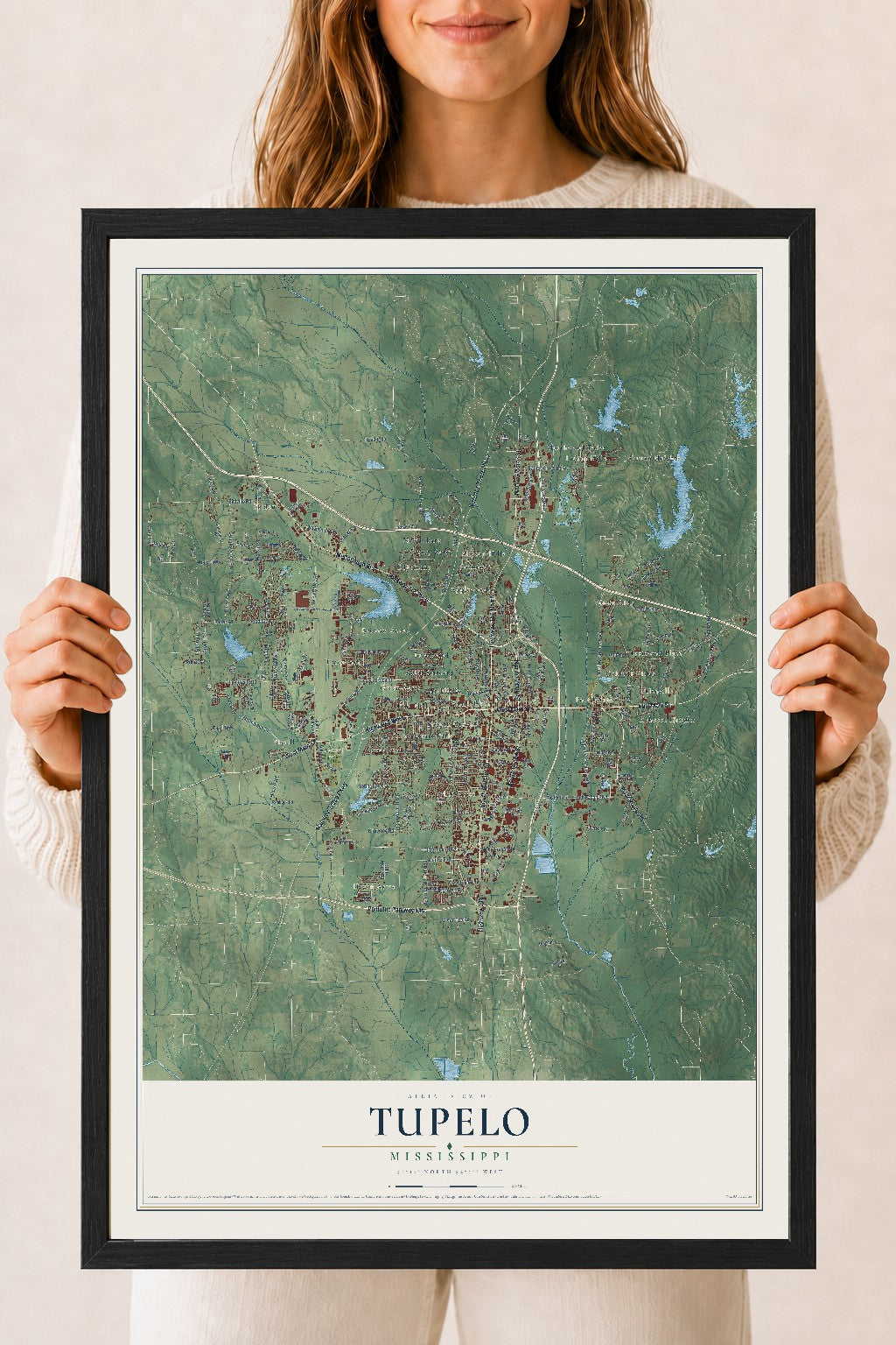Map of Tupelo, Mississippi, 18 x 24 inch print in a black wood frame