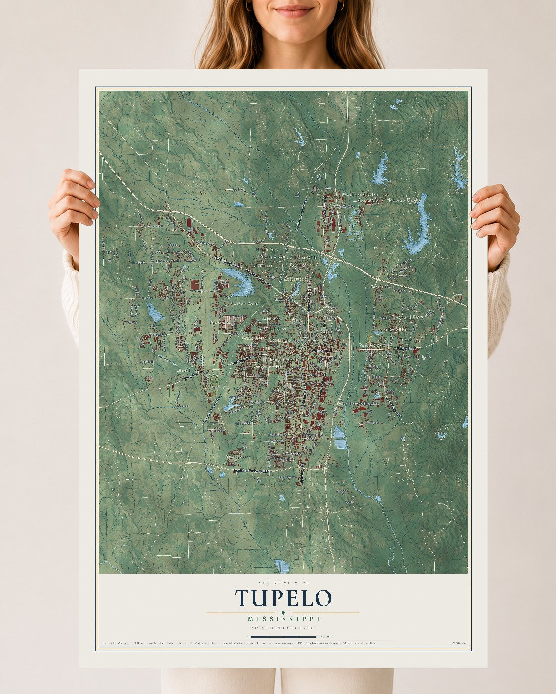 Map of Tupelo, Mississippi, 24 x 36 inch unframed archival matte print