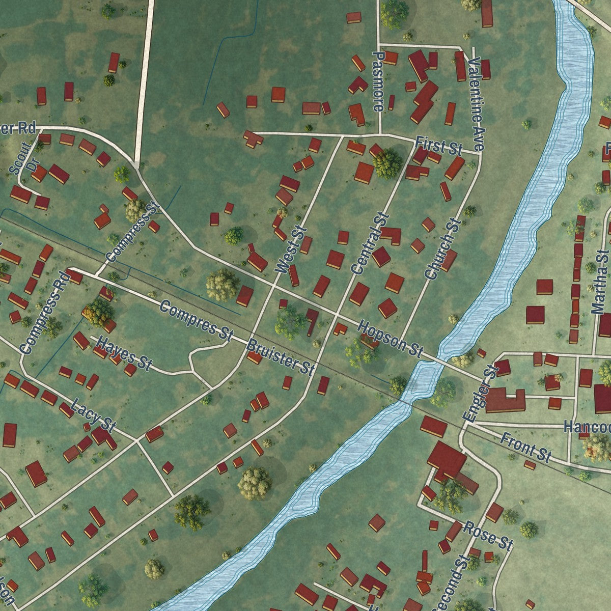 Close-up of the map of Tutwiler, Mississippi print showing street and building detail
