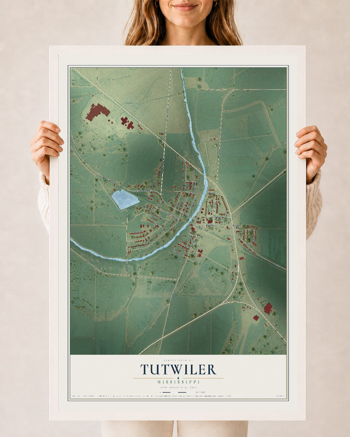 Map of Tutwiler, Mississippi, 24 x 36 inch print in a white wood frame