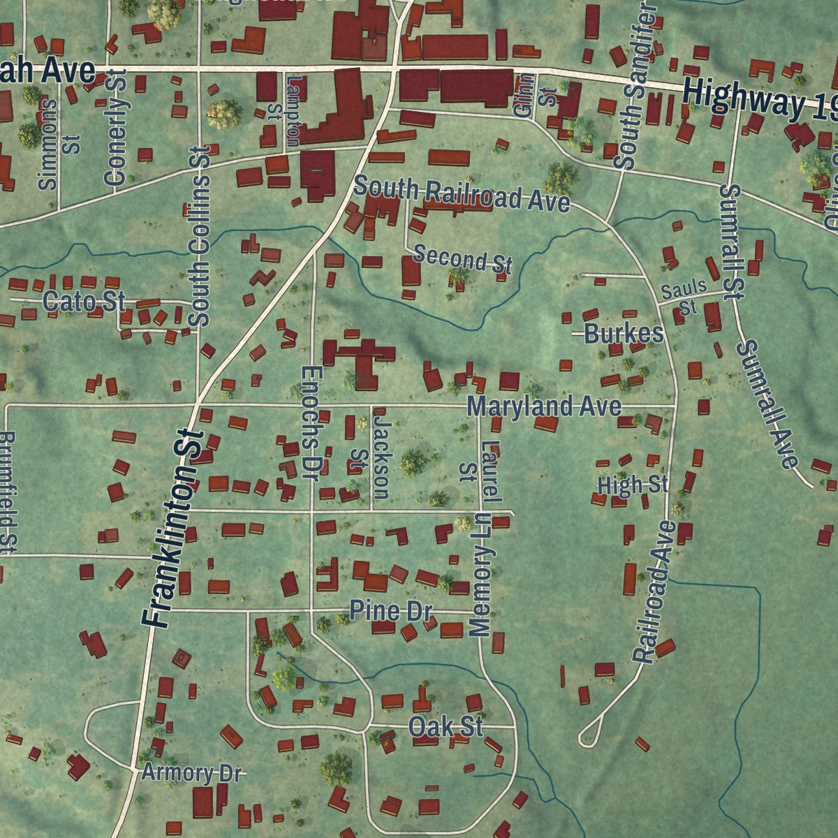 Close-up of the map of Tylertown, Mississippi print showing street and building detail