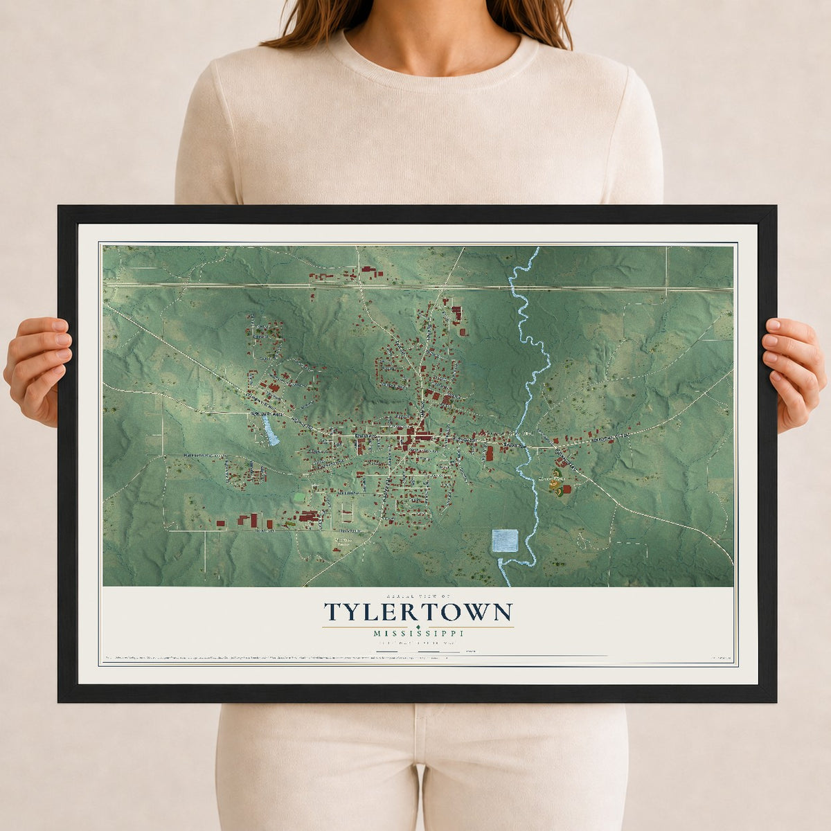 Map of Tylertown, Mississippi, 12 x 18 inch print in a black wood frame