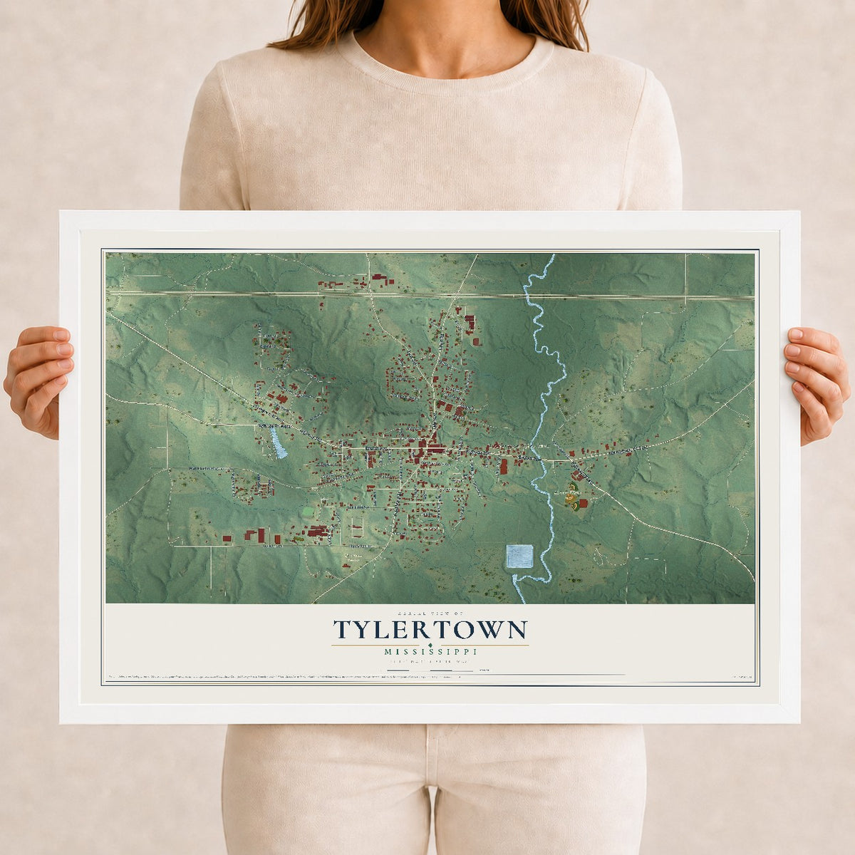 Map of Tylertown, Mississippi, 12 x 18 inch print in a white wood frame