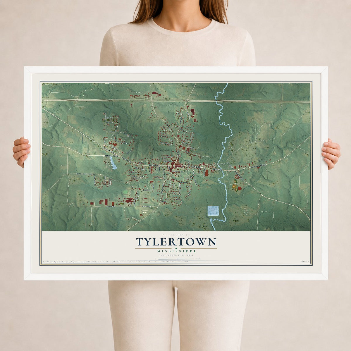 Map of Tylertown, Mississippi, 24 x 36 inch print in a white wood frame
