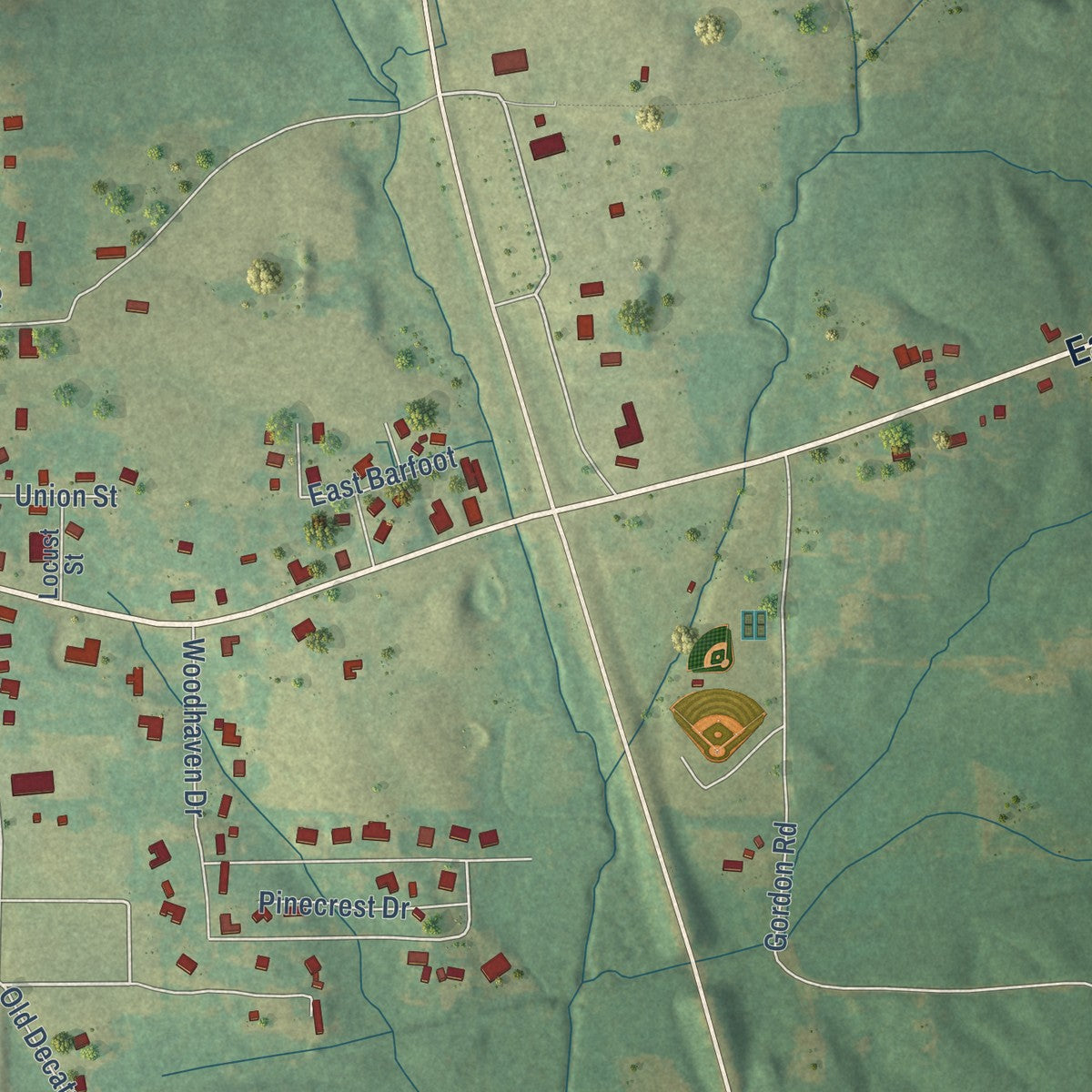 Second close-up of the map of Union, Mississippi print showing more streets and buildings