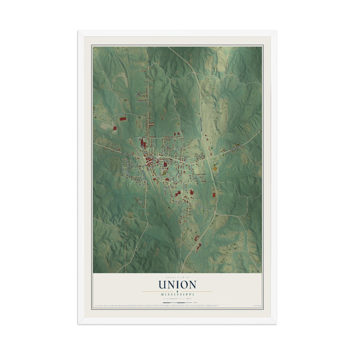 Map of Union, Mississippi, 12 x 18 inch print in a white wood frame