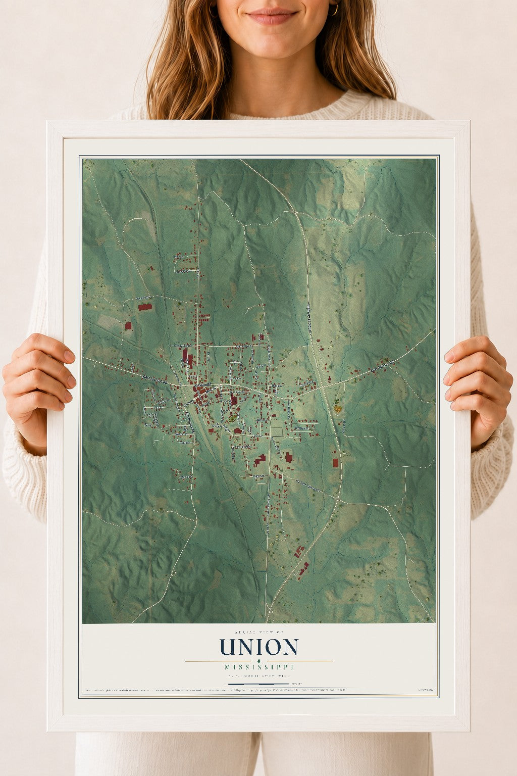 Map of Union, Mississippi, 18 x 24 inch print in a white wood frame