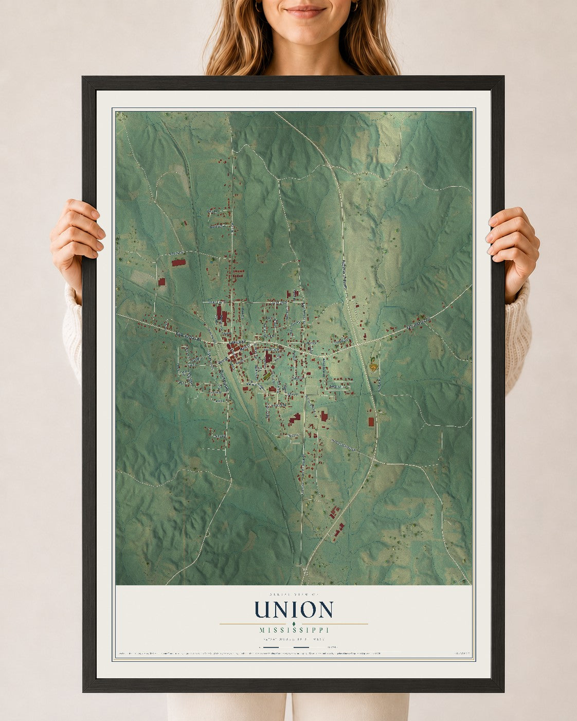 Map of Union, Mississippi, 24 x 36 inch print in a black wood frame