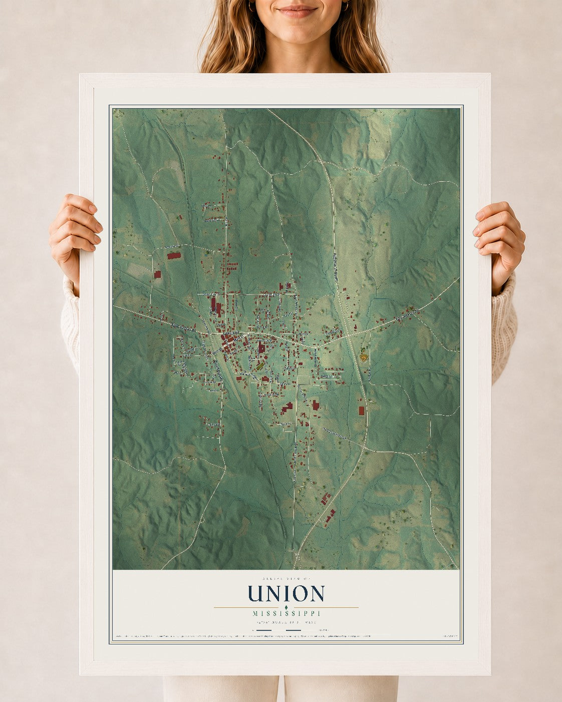 Map of Union, Mississippi, 24 x 36 inch print in a white wood frame