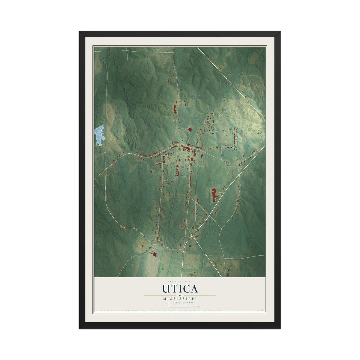 Map of Utica, Mississippi, 12 x 18 inch print in a black wood frame