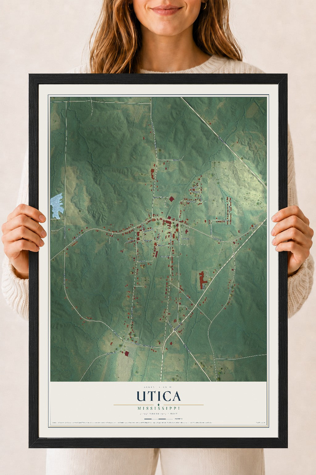 Map of Utica, Mississippi, 18 x 24 inch print in a black wood frame