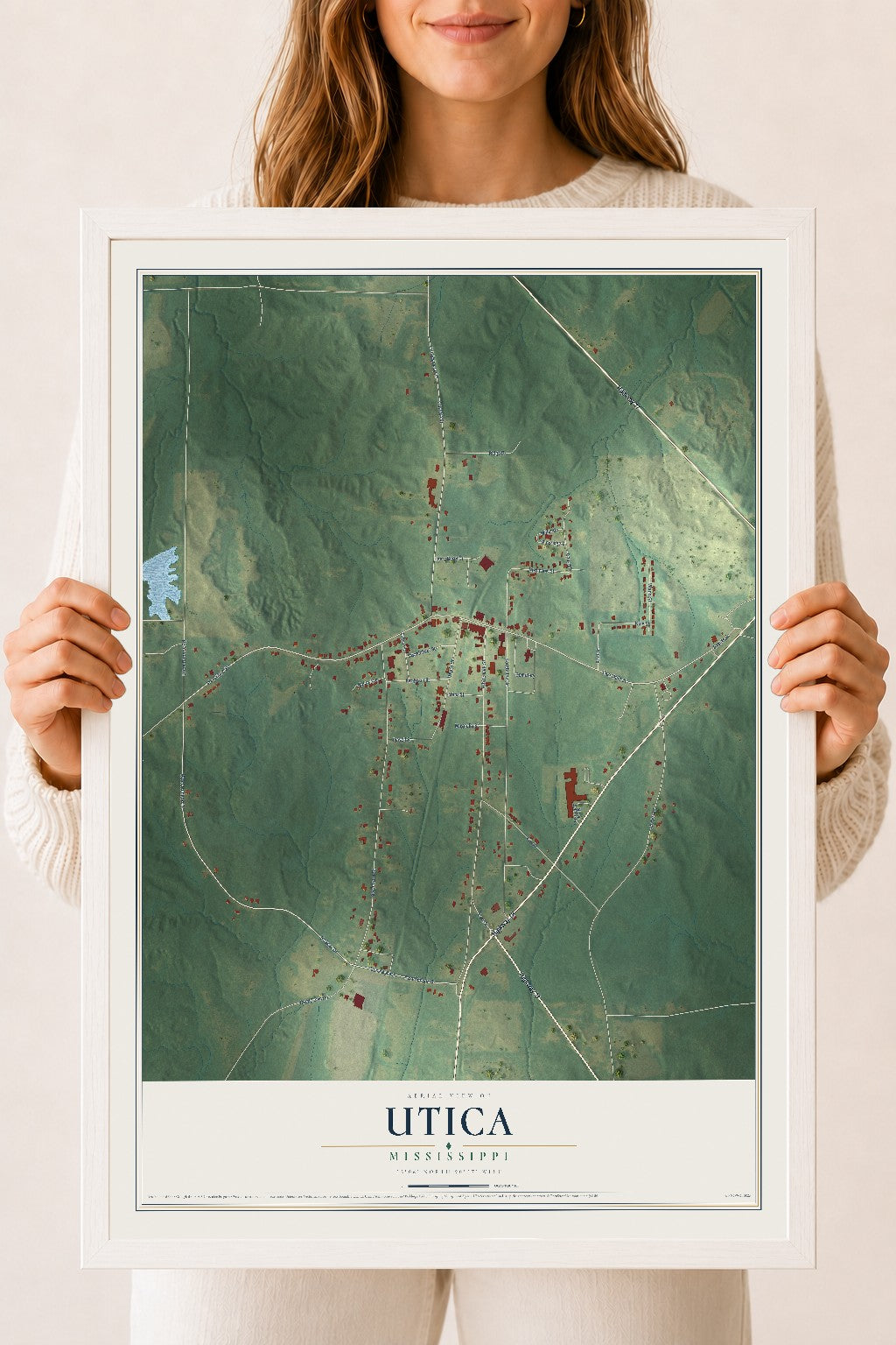 Map of Utica, Mississippi, 18 x 24 inch print in a white wood frame