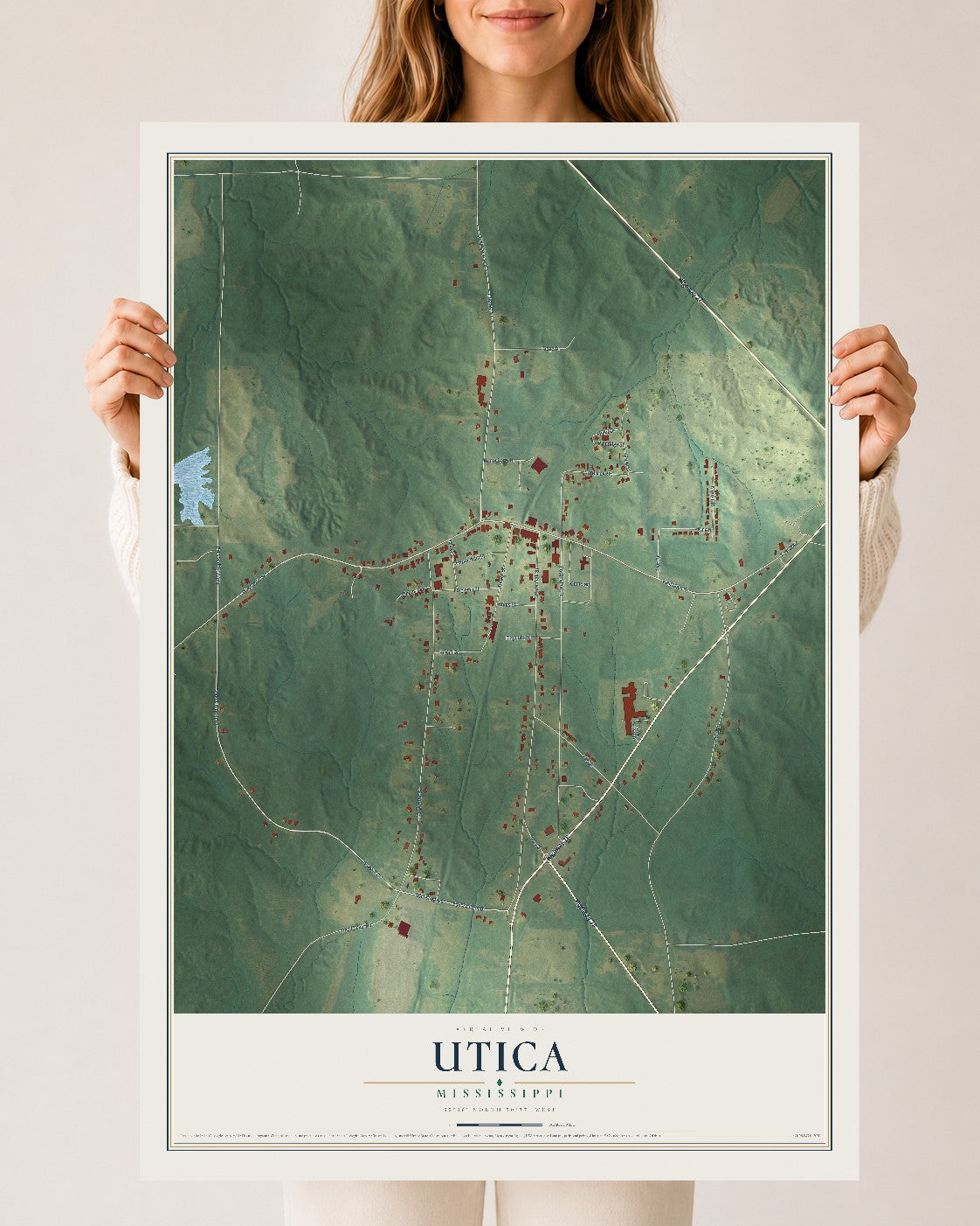 Map of Utica, Mississippi, 24 x 36 inch unframed archival matte print