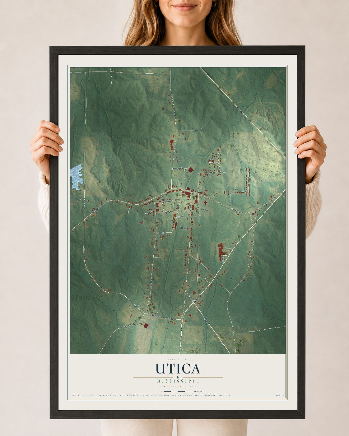 Map of Utica, Mississippi, 24 x 36 inch print in a black wood frame