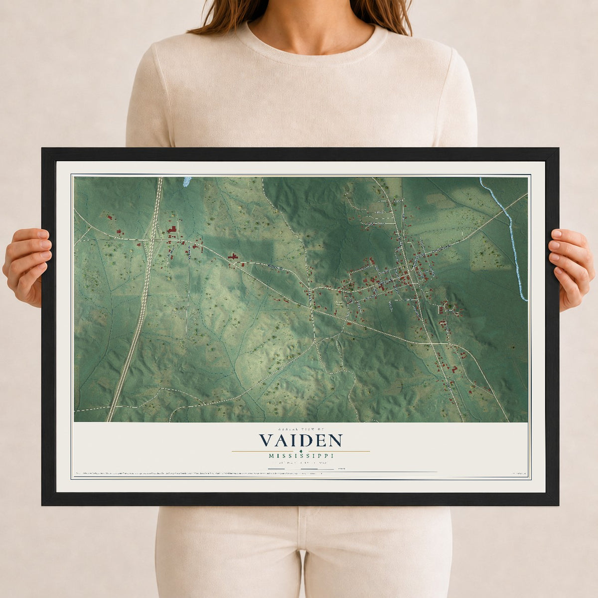 Map of Vaiden, Mississippi, 12 x 18 inch print in a black wood frame