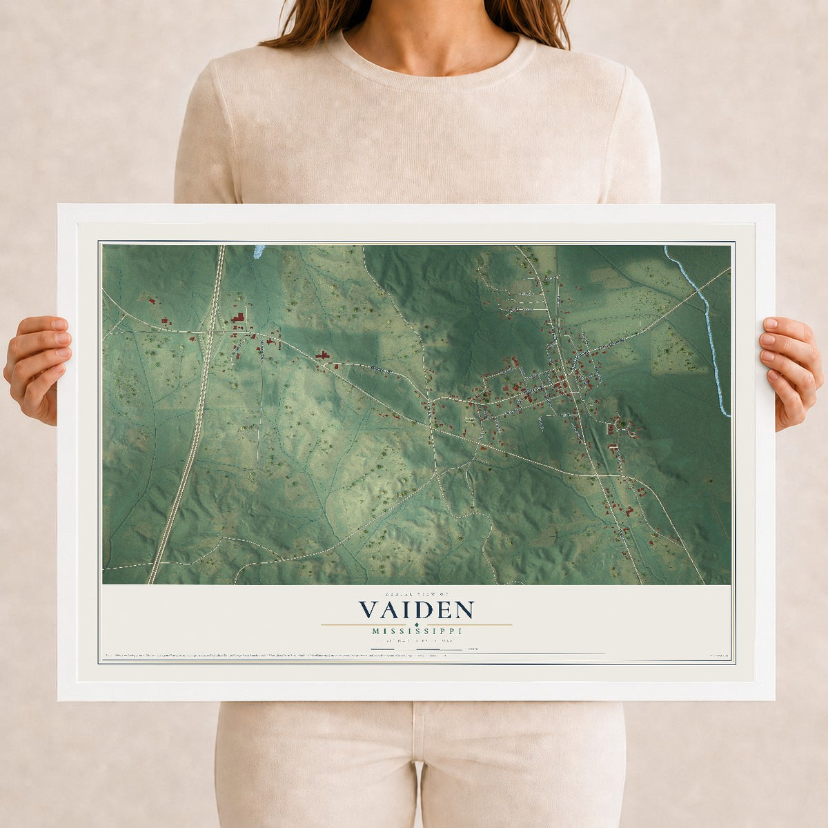 Map of Vaiden, Mississippi, 12 x 18 inch print in a white wood frame