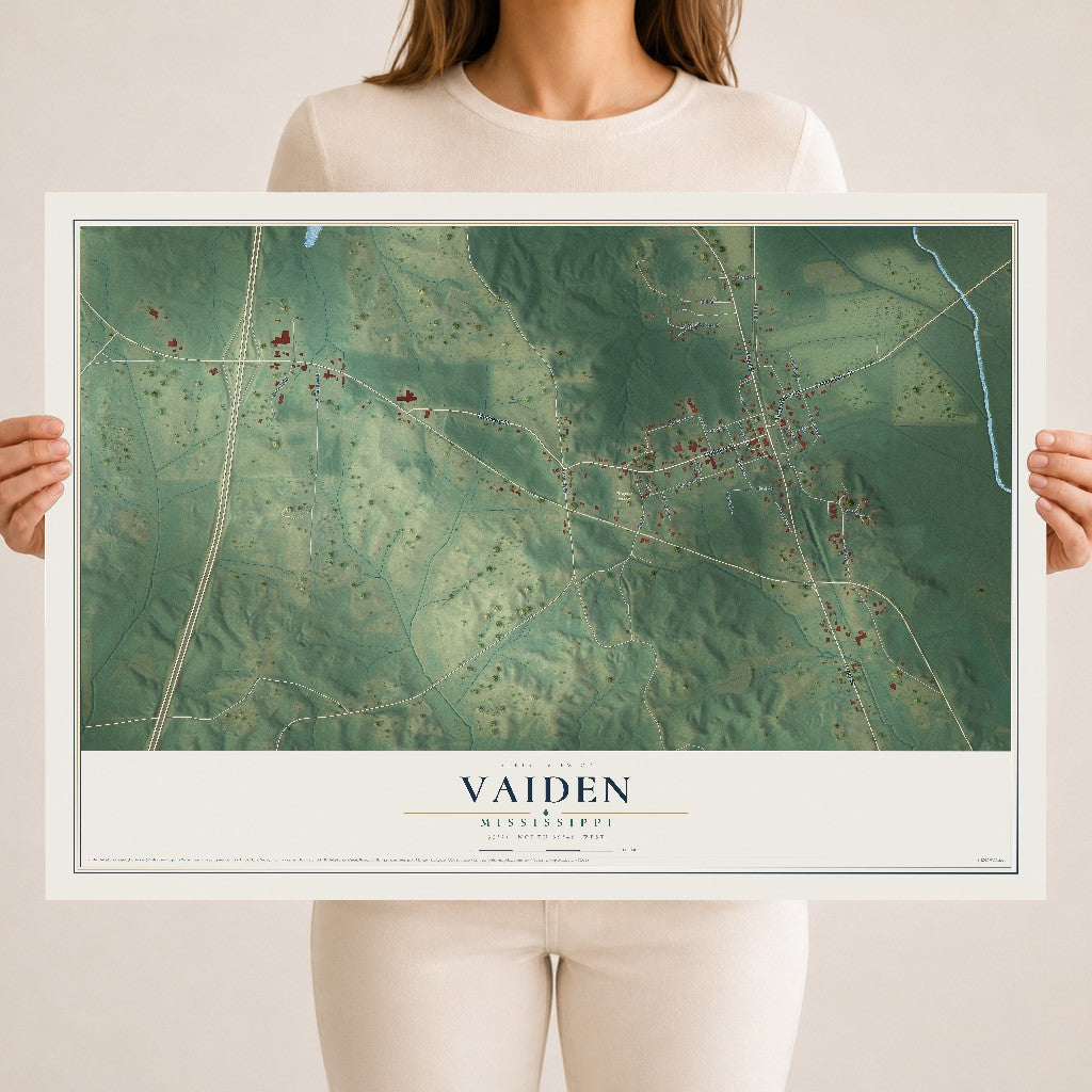 Map of Vaiden, Mississippi, 18 x 24 inch unframed archival matte print