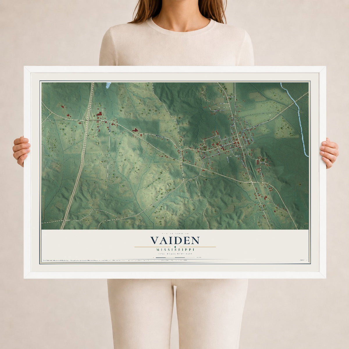 Map of Vaiden, Mississippi, 24 x 36 inch print in a white wood frame
