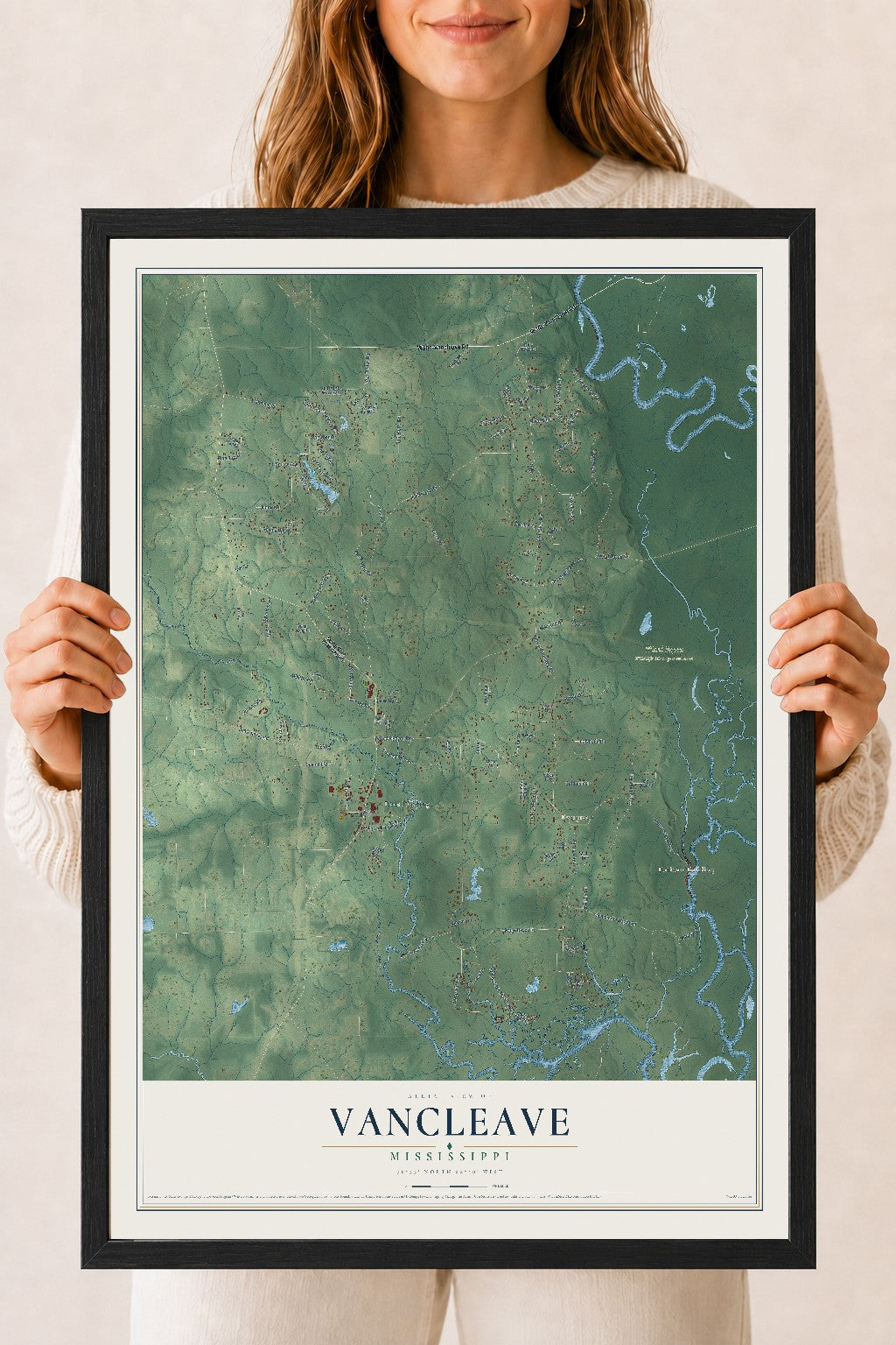 Map of Vancleave, Mississippi, 18 x 24 inch print in a black wood frame
