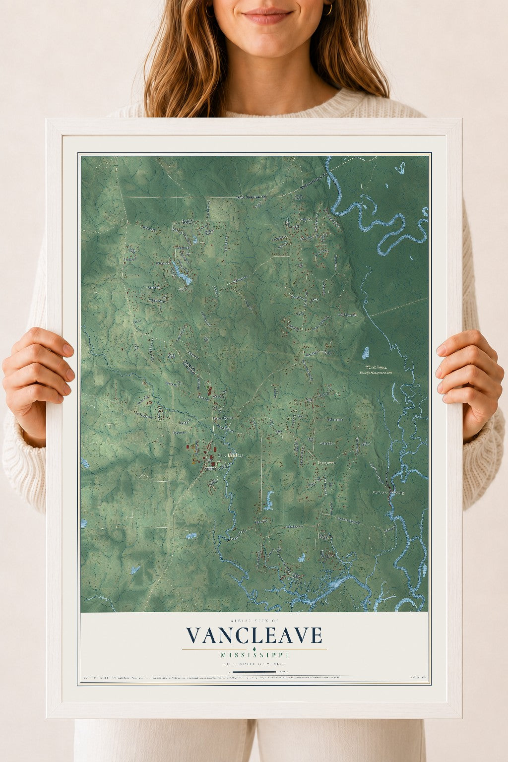 Map of Vancleave, Mississippi, 18 x 24 inch print in a white wood frame