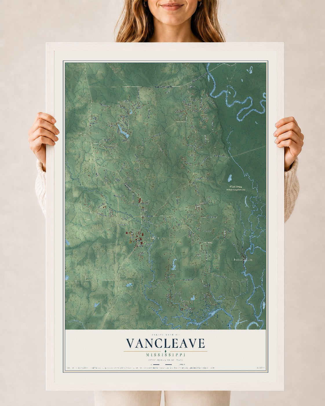 Map of Vancleave, Mississippi, 24 x 36 inch print in a white wood frame