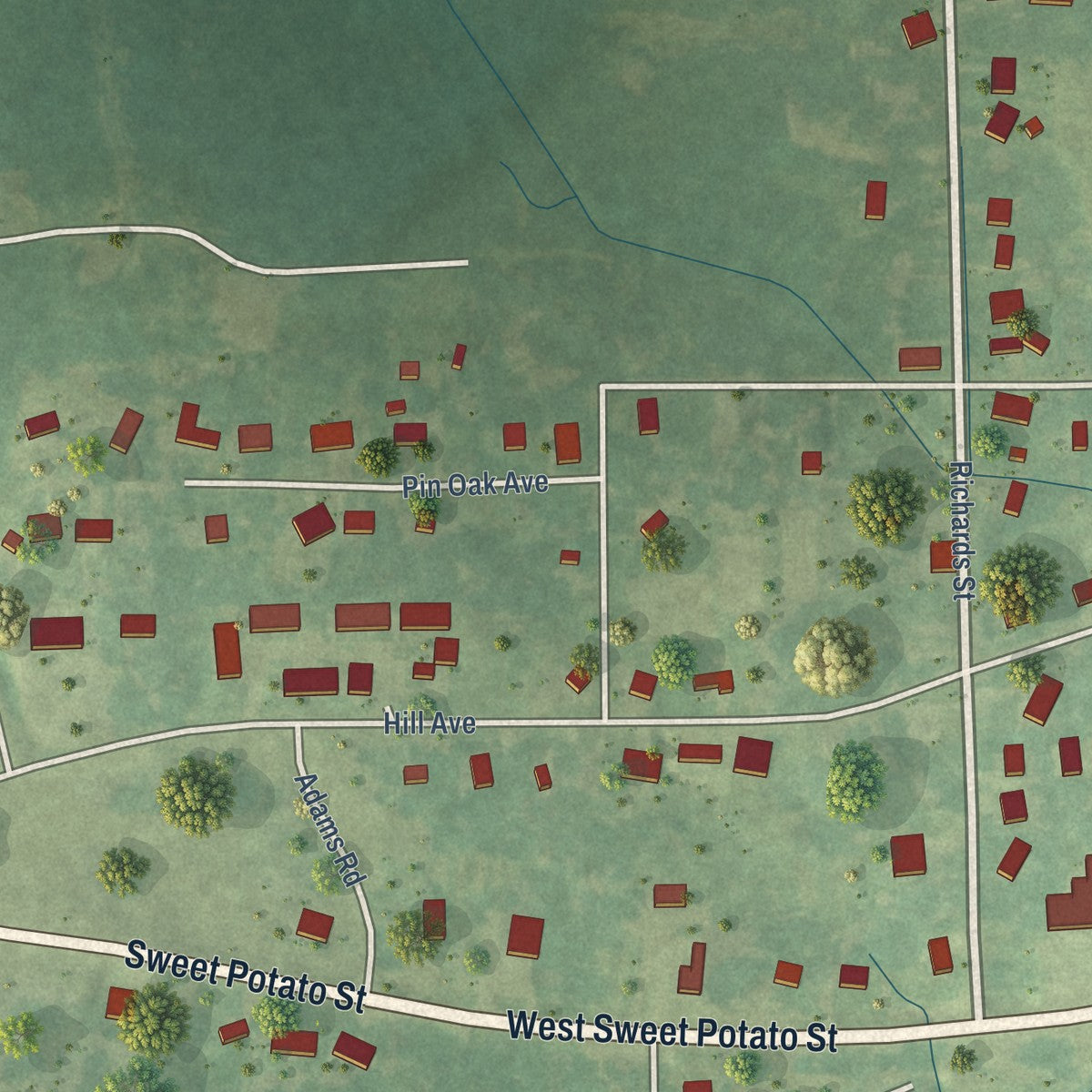 Second close-up of the map of Vardaman, Mississippi print showing more streets and buildings