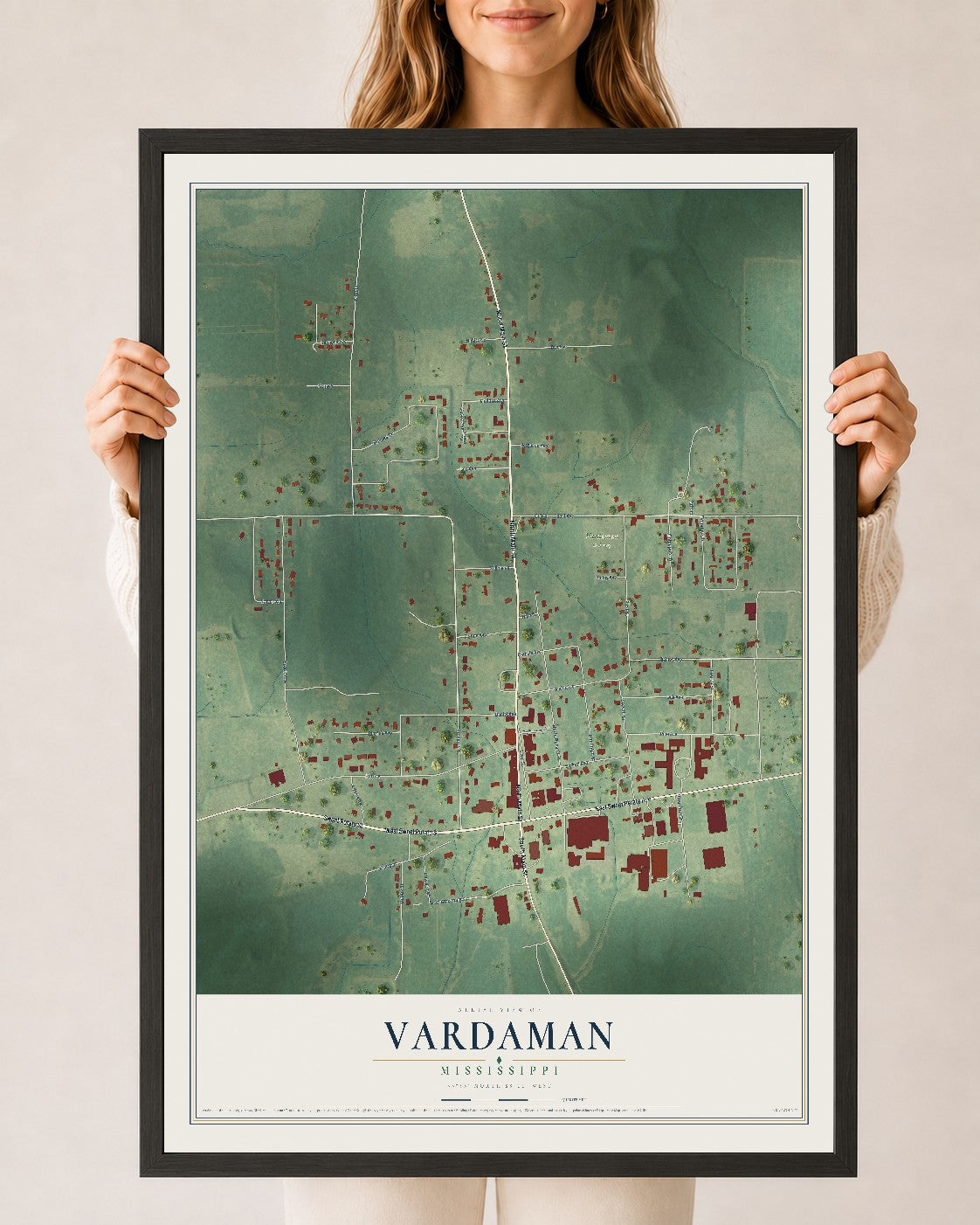 Map of Vardaman, Mississippi, 24 x 36 inch print in a black wood frame