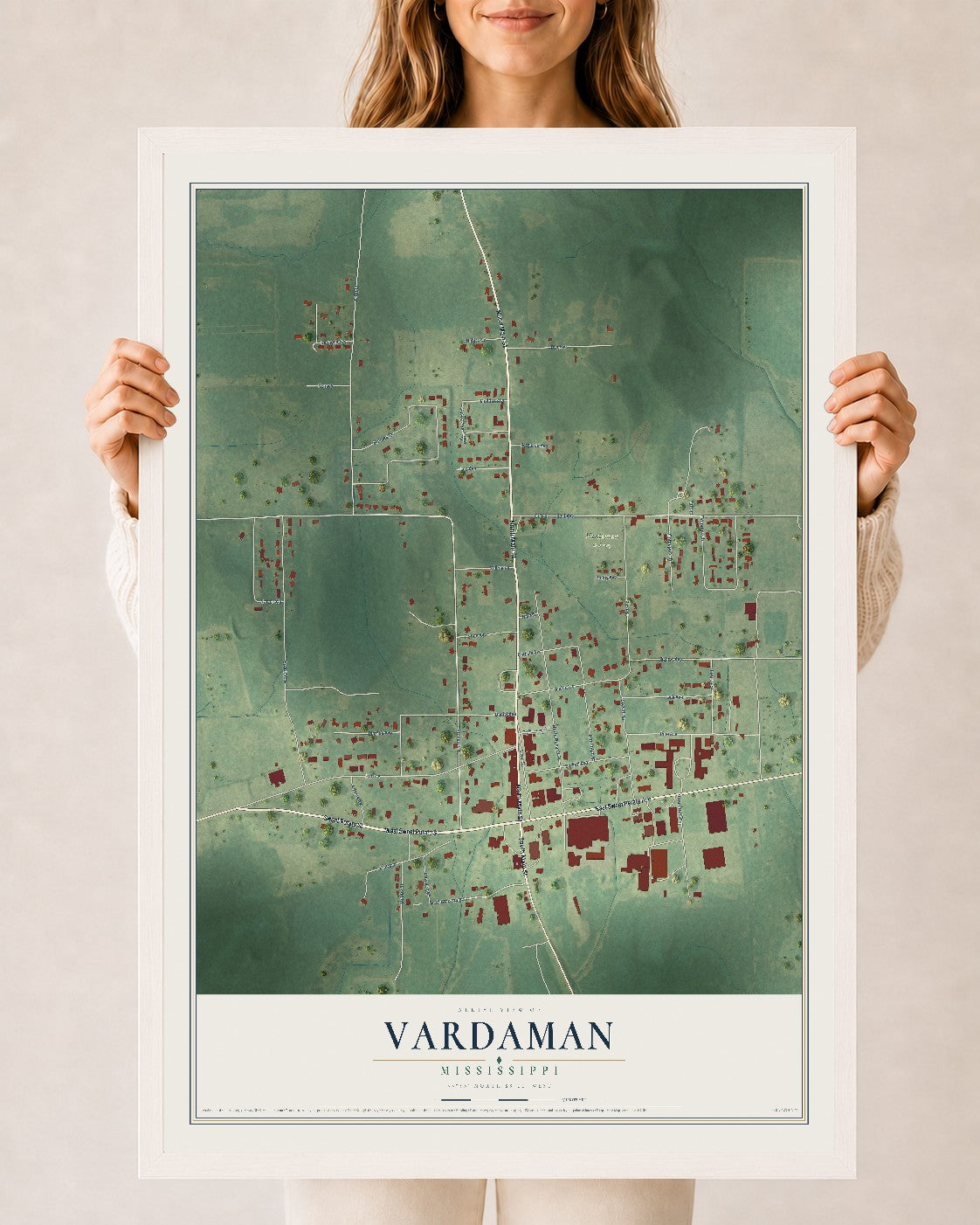 Map of Vardaman, Mississippi, 24 x 36 inch print in a white wood frame