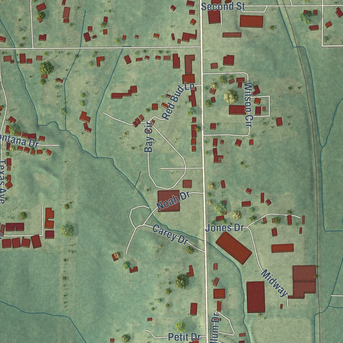 Second close-up of the map of Verona, Mississippi print showing more streets and buildings