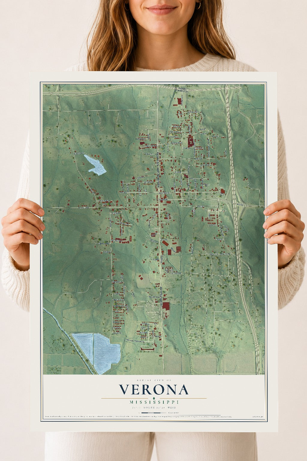 Map of Verona, Mississippi, 18 x 24 inch unframed archival matte print